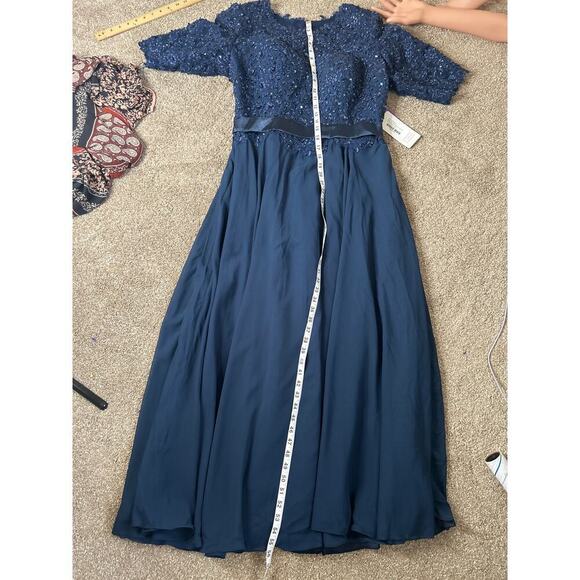 JJ's House A-line Boat Neck Illusion Maxi Lace Chiffon Dress Sequins Navy Blue - Picture 8 of 9